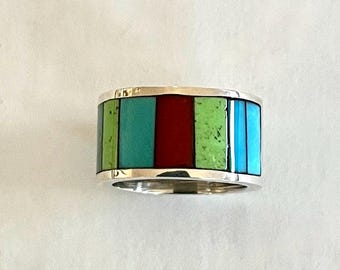 Inlaid Sterling Silver Band, Size 5 1/2, Wide Wedding Band Inlaid with Blue & Green Turquoise, Red Coral, and Gaspeite, By Jeremiah Shows,