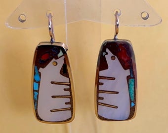 Mother of Pearl Bear Earrings, Bronze with Goldfilled Earwires, SW Jewelry, Inlay Earrings, Gifts for Her, Dangle Earrings