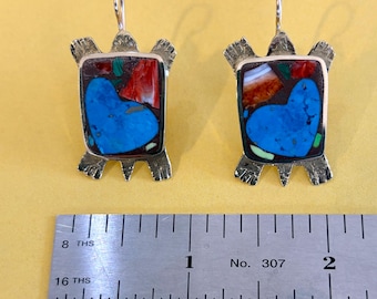 Turtle-Shaped Earrings, Bronze, Inlaid Turquoise Heart Hand Carved by Andrew Shows, SW Jewelry, Gifts for Her, Inlay Jewelry