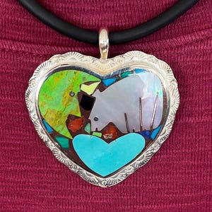 Heart Pendant in Sterling Silver, Hand Carved Bear, Moon, and Heart, SW Jewelry, Bear Jewelry, Gifts for Her, Inlay Jewelry, Bear Pendant