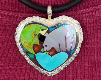 Heart Pendant in Sterling Silver, Hand Carved Bear, Moon, and Heart, SW Jewelry, Bear Jewelry, Gifts for Her, Inlay Jewelry, Bear Pendant
