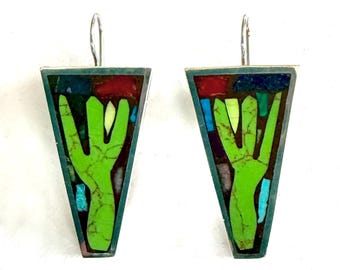 Sterling Silver Earrings Inlaid with Hand Carved Cacti, Dangle Earrings, Southwest Jewelry, Inlay Jewelry, Whimsical Earrings, Gift for Her