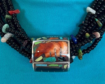 Small Sterling Silver Barrel Bead, Pendant for Beads, Inlay Jewelry, Southwest Jewelry, Bear Jewelry, Hand-Carved Images, Gifts for Her,
