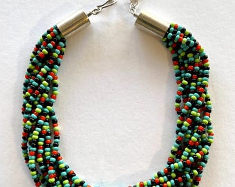 Beaded Necklace, 9 Strands of Czech & Venetian Glass Beads with Handmade Sterling Silver Cones and Hook, 3" Adjustable SS Chain, 15.5-18.5"