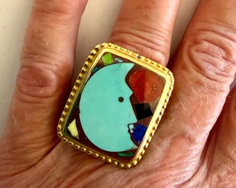 Bronze Ring with Hand Carved Turquoise Moon, Adjustable Sterling Silver Shank, Inlay Moon Ring, Southwest Jewelry, Gifts for Her