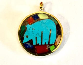 Bear Pendant in Bronze,  1" Round, Hand Carved Turquoise Bear, SW Jewelry, Bear Jewelry, Gifts for Her, Inlay Jewelry, SW Pendant,