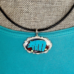 Bear Pendant in Sterling Silver, Hand Carved Turquoise Bear, Southwest Jewelry, Bear Jewelry, Gifts for Her, Inlay Jewelry, Bear Pendant