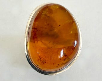 Natural Amber Ring in Sterling Silver, Hand Carved Stone, SW Jewelry, Gifts for Her, Amber & Sterling Silver Ring with Adjustable Shank