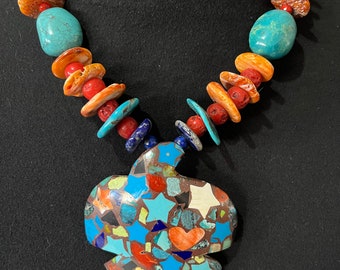 Thunderbird Necklace,  Shell Pendant Inlaid with Turquoise, Lapis, Spiny Oyster & Coral, Southwest Jewelry, Gifts for Her, Length is 19-22"