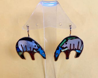 Bear-Shaped Inlay Earrings, Bronze with Goldfilled Earwires, Bear Jewelry, Southwest Jewelry, Hand-carved Images, Gift for Her,