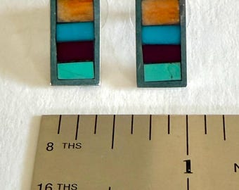 Sterling Silver Earrings Inlaid with Hand Carved Stones & Shells, Turquoise, Spiny Oyster, and Stabilized Sugilte, Made by Jeremiah Shows,