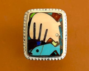 Sterling Silver Bear Ring, Imperial Volute Shell Bear & Turquoise Fish, Hand Carved Images, Gifts for Her, SW Jewelry, Adjustable Shank,