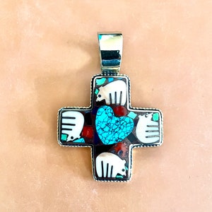 Cross Pendant in Bronze with Hand Carved Imperial Volute Shell Bears & a Turquoise Heart, Southwest Jewelry, Inlay Pendant, Gifts for Her