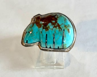 Turquoise Bear Ring in Sterling Silver with Adjustable Shank, Hand Carved Image, Gifts for Her, Southwest Jewelry,