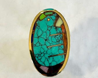 Bronze Ring Inlaid with a Hand Carved Turquoise Bear,  Adjustable Sterling Shank, SW Ring, Gifts for Her, Bear Ring, Bear Jewelry,
