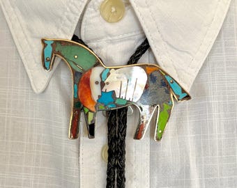Large Bronze Horse Bolo Inlaid with Hand Carved Bear, Moon, Whale, Heart, and Fish, Gifts for Him or Her, SW Jewelry, Inlay Bolo, Bear Bolo