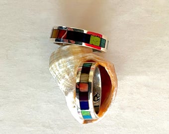Inlaid Sterling Silver Rings, Narrow Wedding Bands Inlaid with Blue & Green Turquoise, Spiny Oyster, Lapis, and Gaspeite by Jeremiah Shows