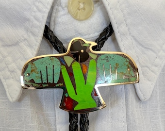 Bronze Thunderbird Bolo Inlaid with Hand Carved Turquoise Bears, Jet Raven, and Mojave Green Cactus, Gifts for Her or Him, Southwest Bolo