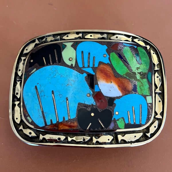 Fish Border Bronze Buckle, Inlay Buckle, Southwest Jewelry, Hand Carved Bears, Fish, Cactus, Raven & Heart, Gifts For Her or Him,  SW Buckle