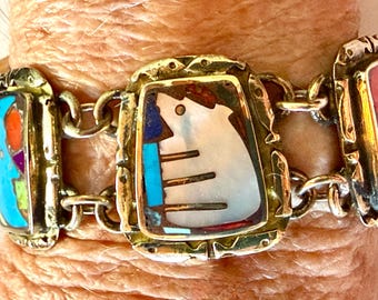 Inlaid Fish Border Link Bracelet in Bronze, Southwest Jewelry, Hand Carved Images, Bear jewelry, Gifts for Her