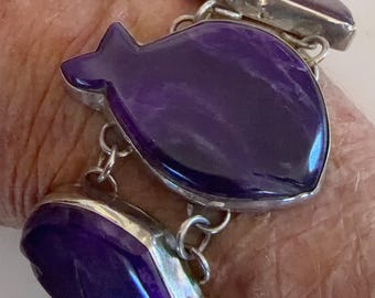 Hand Carved Natural Sugilite Fish Sterling Silver Link Bracelet, SW Jewelry, Gifts for Her, Fish Bracelet, Silver Bracelet
