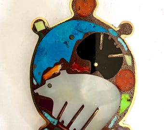Large Turtle Pendant in Bronze Inlaid with Hand Carved Bear, Raven, and Moon, SW Jewelry, Bear Jewelry, Gifts for Her, Turtle Pendant