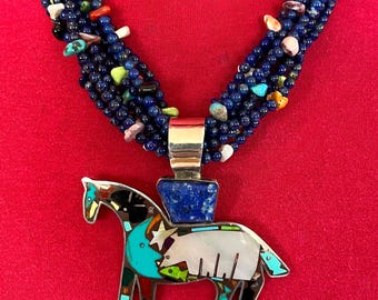 Large Sterling Horse Pendant Inlaid with Hand Carved Images on 8 Strands of Lapis Beads/Assorted Accents, Handmade Sterling Findings