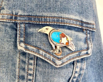 Sterling Silver Raven Pin Inlaid with Hand Carved Turquoise Moon and Mother of Pearl Star, SW Jewelry, Raven Pin, Gifts for Her,