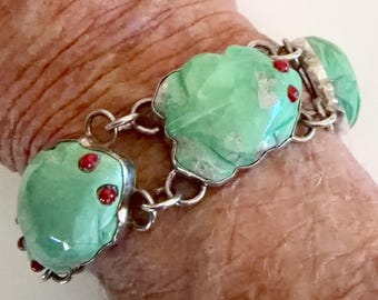 Hand Carved Variscite Frogs Set in Sterling Silver Link Bracelet, SW Jewelry, Gifts for Her, Frog Bracelet, Silver Bracelet