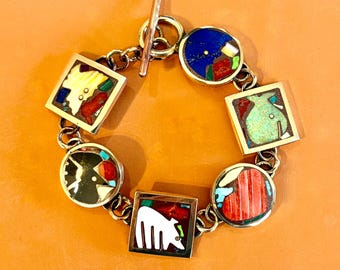 Story Bracelet, Bronze Link Bracelet, Southwest Jewelry, Inlay Jewelry, Hand Carved Images, Gifts for Her, Multi-Colored, Inlay Bracelet