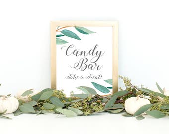 Eucalyptus Bohemian Floral Candy Bar Wedding Sign | Boho Herbal Dessert Table Sign | Greenery Leaf Party Printables | EUC1174