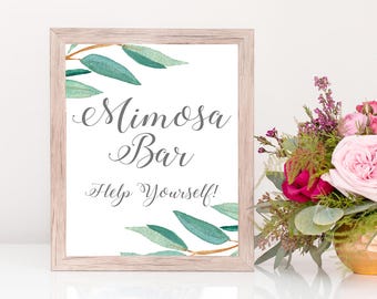 Eucalyptus Bohemian Floral Mimosa Bar Wedding Sign | Boho Greenery Rustic Herbal Bar Wedding Sign | Greenery Leaf  Printables | EUC1174