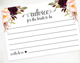 Advice for Bride Cards | Watercolor Floral Rustic Bridal Shower Advice Cards | 4x6 and 5x7 | Bohemian Printable or Printed | F4BS