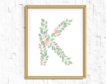 Instant Download Personalized Name Nursery Printable Monogram Art Print | Custom Nursery Printable Monogram Floral Letter K | FA-749 K-128P