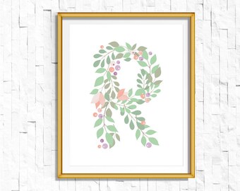 Instant Download Personalized Name Nursery Printable Monogram Art Print | Custom Nursery Printable Monogram Floral Letter R | FA-749 R-128P