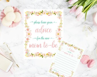 DIY PRINTABLE Advice for Mom to Be Sign and Advice Cards | Calligraphy Floral Instant Download Baby Shower Print Set | Mom to Be | AnnaB024
