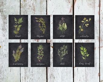 Herb Printable Set of 8 / Rustic Kitchen Decor / Watercolor Botanical Herb Prints / Instant Download Herb Print Set of 8 / Chalkboard Print