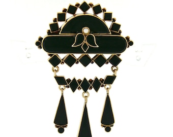 Antico vittoriano 14K Rosa Oro w / Custom Cut Nero Onyx & Seme Perla Lutto Dangle Chandelier Spilla Pin