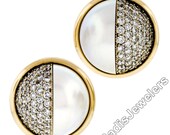 Estate Vintage 18K Yellow Gold Mabe Pearl and 3.47ctw VVS E Diamond Large Button Clip On Earrings