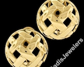 Estate 14K Yellow Gold Large Domed Round Button Omega Back Earrings w Open Woven Style
