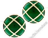 Solid 14k Yellow Gold Large Round Chalcedony Button Earrings Woven Top Pattern