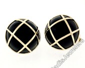 Solid 14k Yellow Gold Large Round Black Onyx Button Earrings Woven Top Pattern