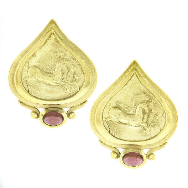 Designer Seidengang 18K Yellow Gold Oval Cabochon Bezel Pink Tourmaline w/ Dual Finish Horse Scene "Athena" Statement Earrings with Patina