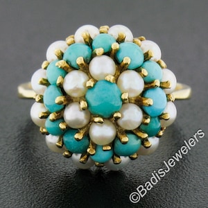 Vintage Solid 18K Yellow Gold Pearl & Turquoise Domed Cocktail Ring w/ Original Finish and Patina Preserved.