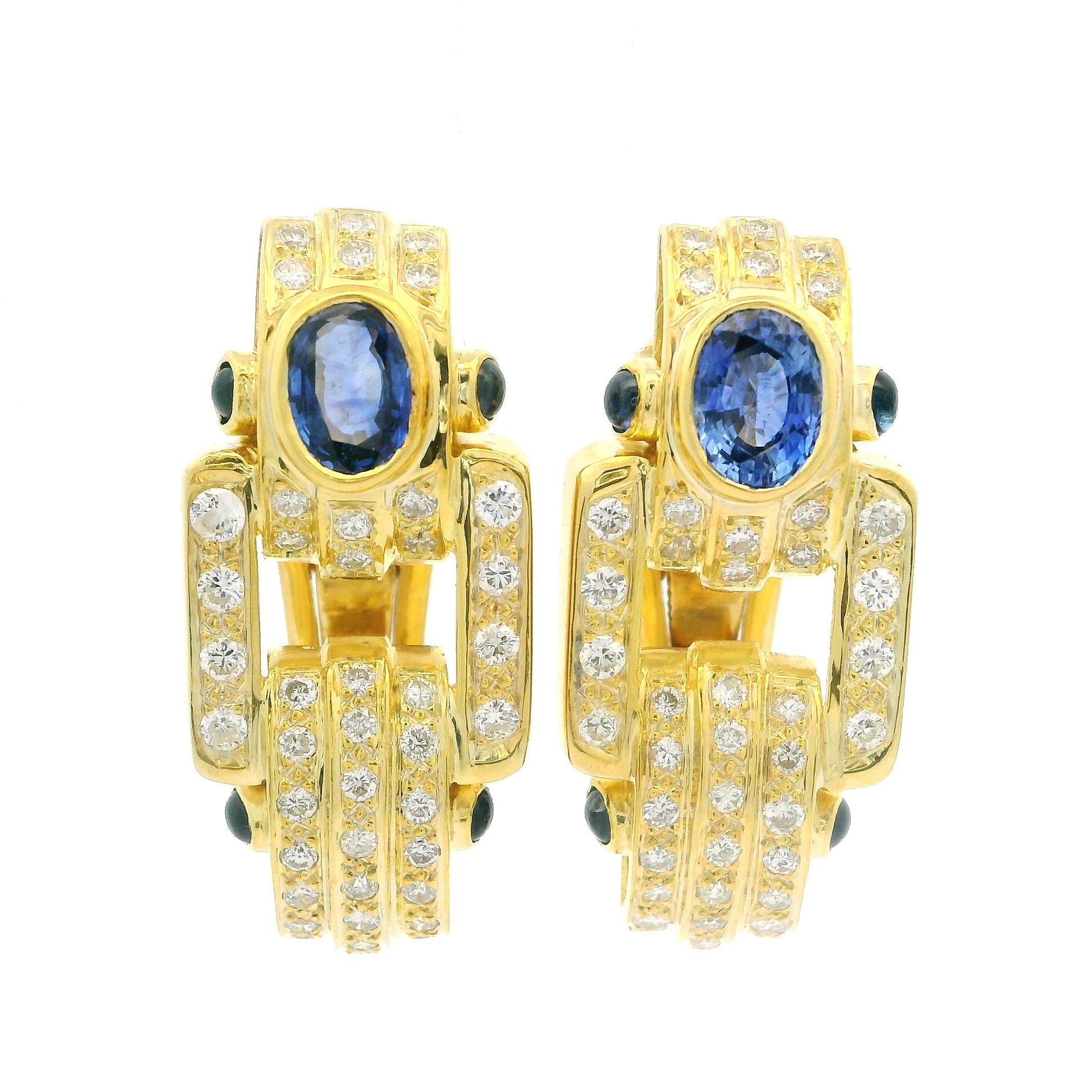 18k Yellow Gold Gia 4.50ctw Oval Sapphire & Diamond Large Omega Earrings
