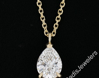 New 14k Gold Gia 0.84ct Pear Tear Drop Diamond Solitaire Slide Pendant on Chain