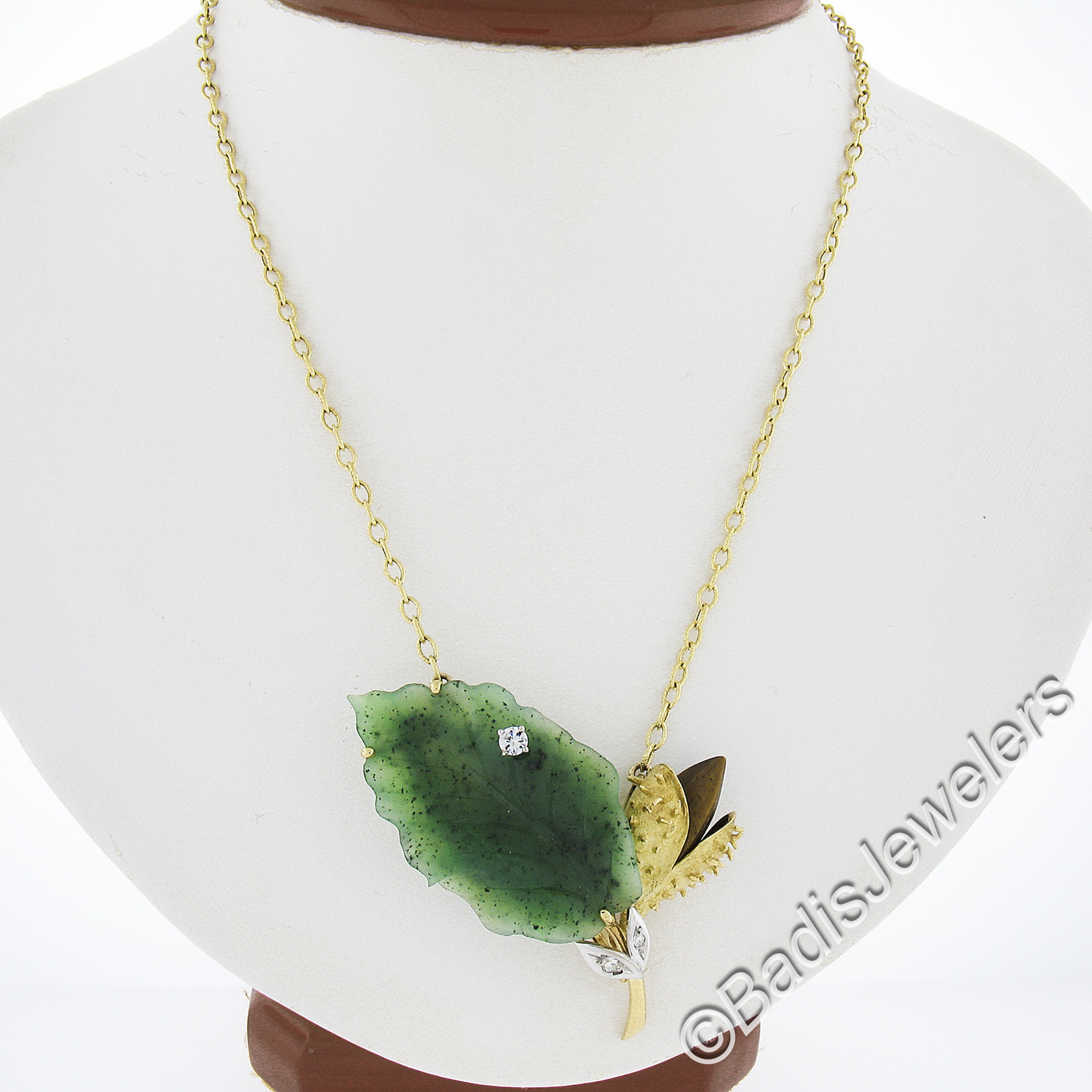 ヴィンテージ 18K 天然石 ジェイド ダイヤモンド ブローチ ペンタント