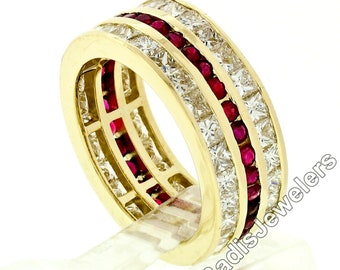 Vintage 18k Yellow Gold 5.0ctw Channel Set Round Brilliant Ruby & Princess Cut Diamond 7.7mm Wide Eternity Band Ring Size 6