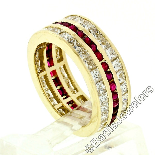 Vintage 18k Yellow Gold 5.0ctw Channel Set Round Brilliant Ruby & Princess Cut Diamond 7.7mm Wide Eternity Band Ring Size 6
