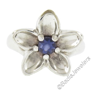 Designer Tiffany & Co. Sterling Silver Cabochon Purple Iolite Flower Leaf Cocktail Ring in Excellent Condition!